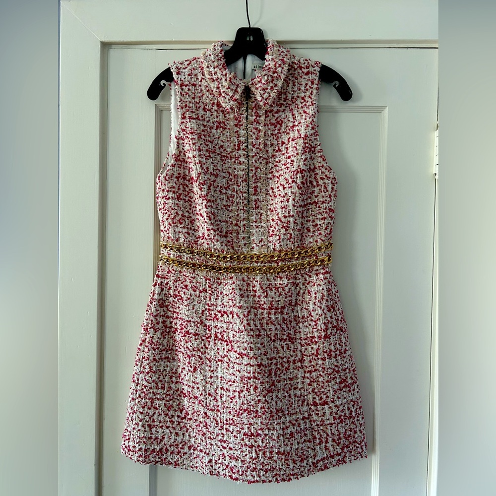 Never-worn, boucle-style Alice & Olivia dress with gold chain detail:)